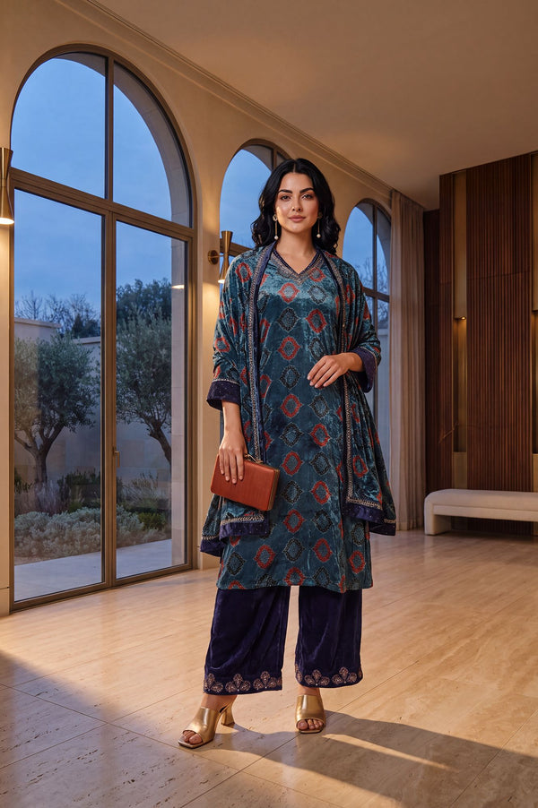 Teal Geometric Printed Thread Embroidered Modal Satin Velvet Straight Kurta with Parallel Pant and Dupatta Set