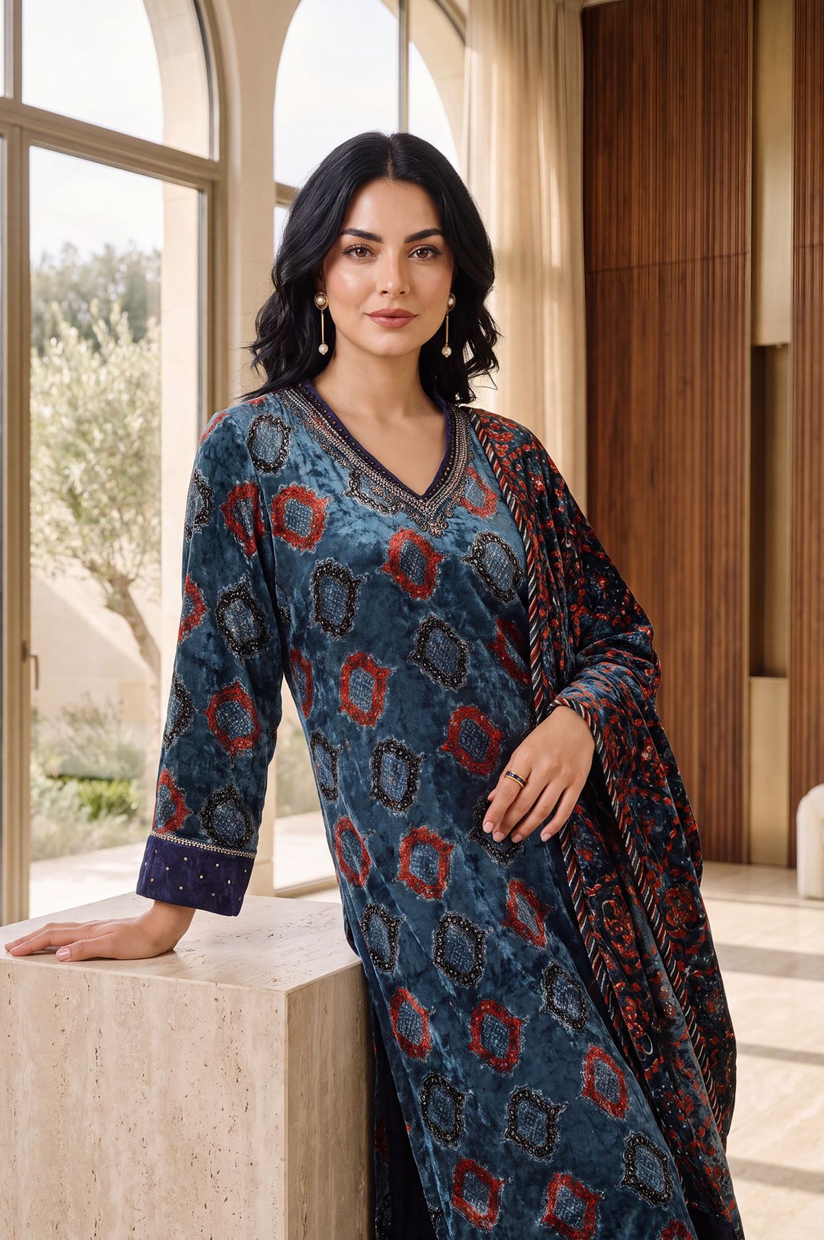 Teal Geometric Printed Thread Embroidered Modal Satin Velvet Straight Kurta with Parallel Pant and Dupatta Set