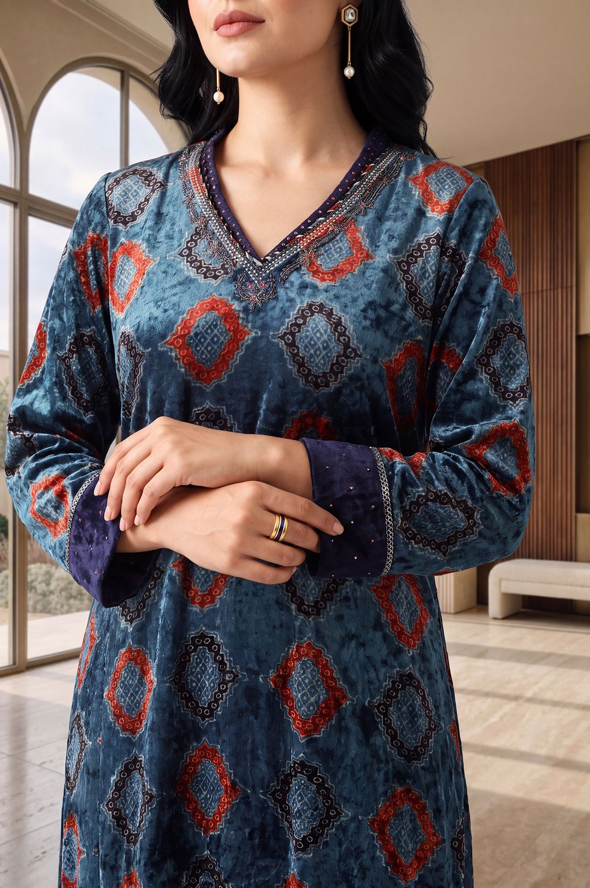 Teal Geometric Printed Thread Embroidered Modal Satin Velvet Straight Kurta with Parallel Pant and Dupatta Set