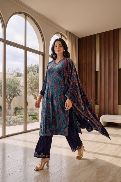 Teal Geometric Printed Thread Embroidered Modal Satin Velvet Straight Kurta with Parallel Pant and Dupatta Set