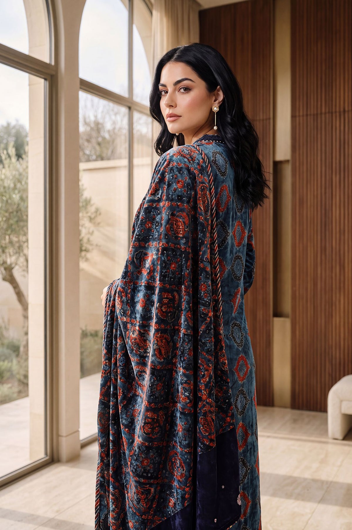 Teal Geometric Printed Thread Embroidered Modal Satin Velvet Straight Kurta with Parallel Pant and Dupatta Set