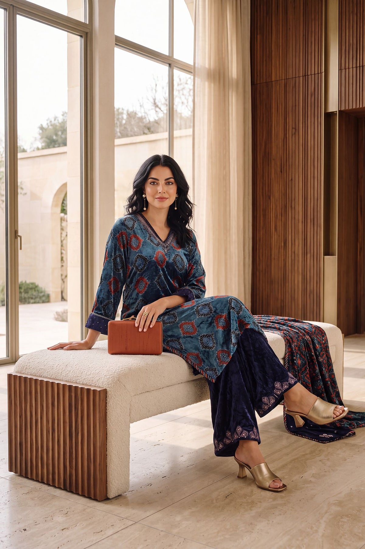 Teal Geometric Printed Thread Embroidered Modal Satin Velvet Straight Kurta with Parallel Pant and Dupatta Set