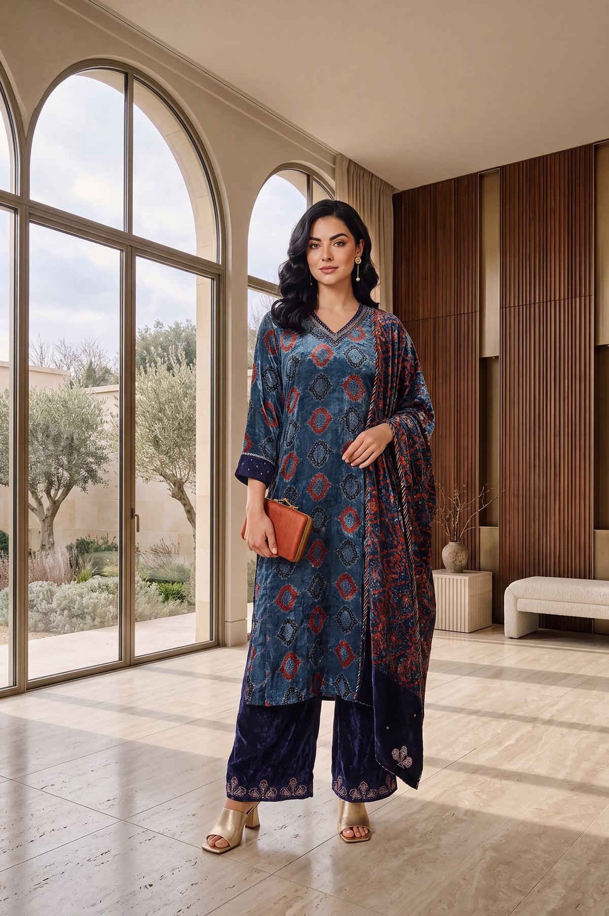 Teal Geometric Printed Thread Embroidered Modal Satin Velvet Straight Kurta with Parallel Pant and Dupatta Set