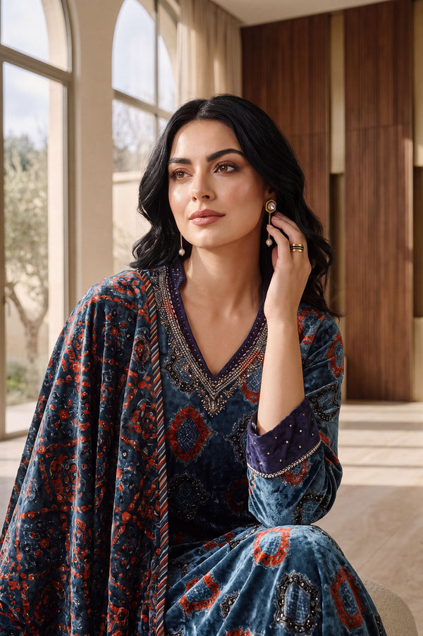Teal Geometric Printed Thread Embroidered Modal Satin Velvet Straight Kurta with Parallel Pant and Dupatta Set