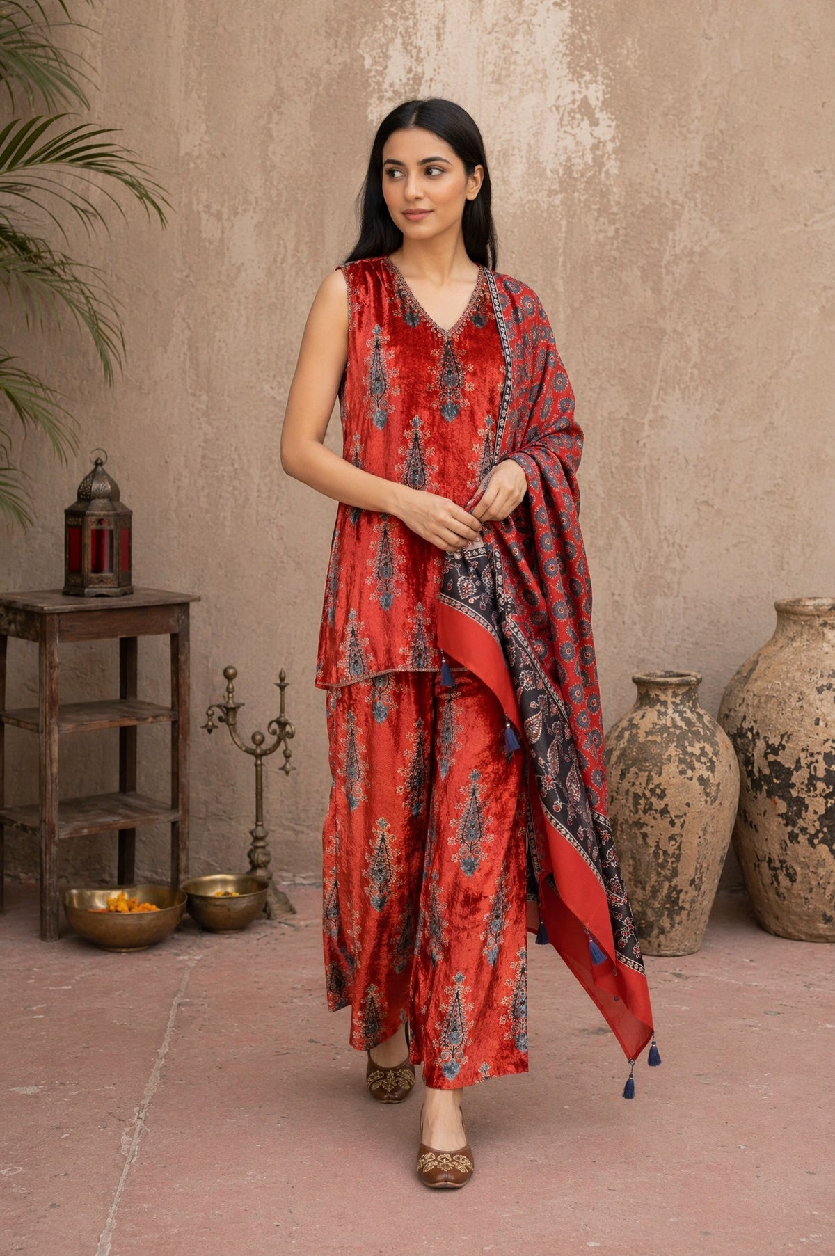 Red Ethnic Motifs Printed Modal Satin Sleeveless Straight Kurta with Bell Bottom Pants and Dupatta Set - XS