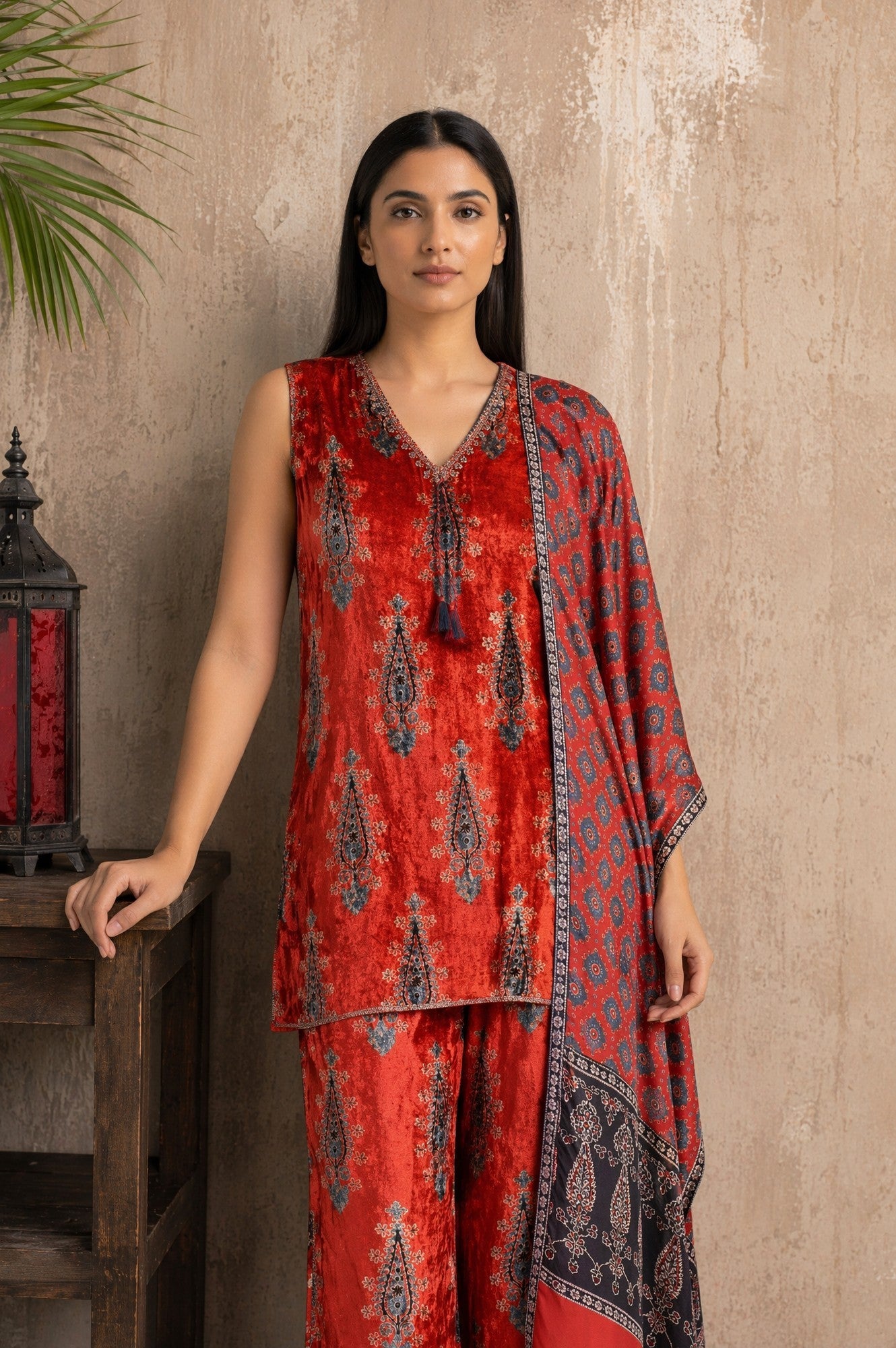 Red Ethnic Motifs Printed Modal Satin Sleeveless Straight Kurta with Bell Bottom Pants and Dupatta Set