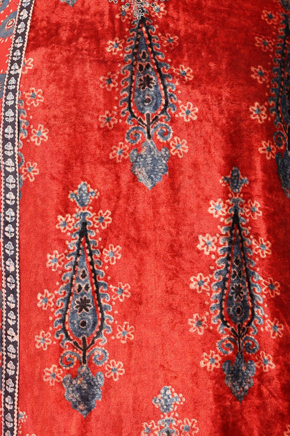 Red Ethnic Motifs Printed Modal Satin Sleeveless Straight Kurta with Bell Bottom Pants and Dupatta Set