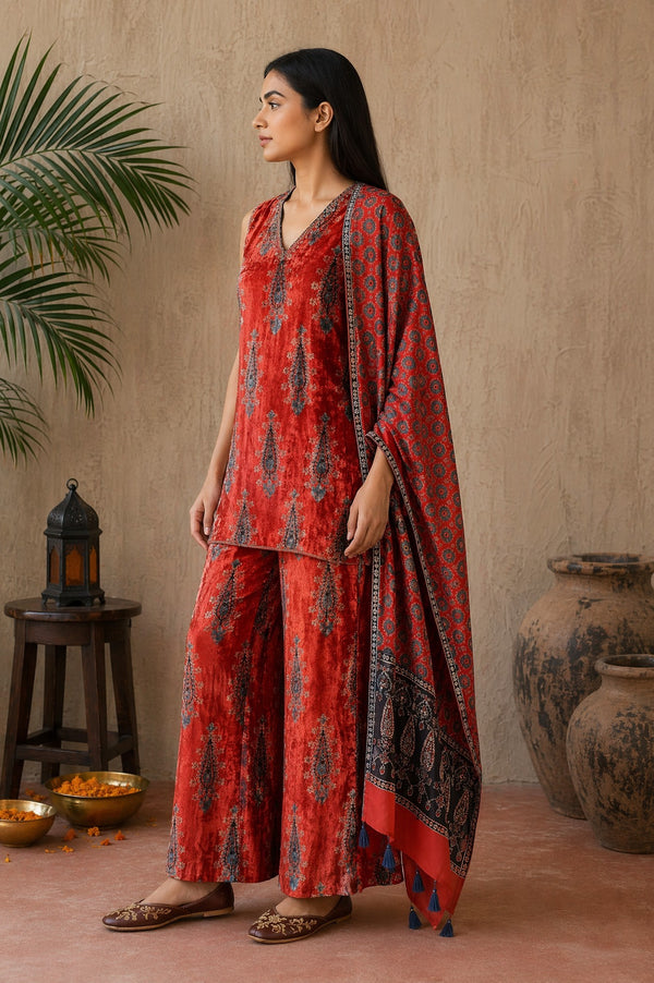 Red Ethnic Motifs Printed Modal Satin Sleeveless Straight Kurta with Bell Bottom Pants and Dupatta Set