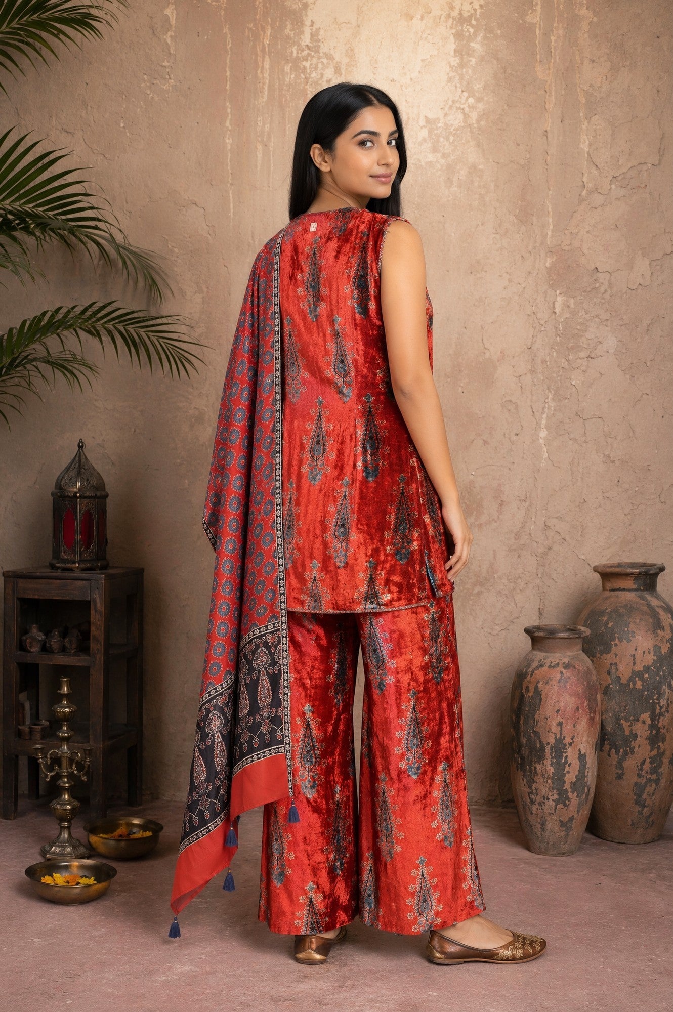 Red Ethnic Motifs Printed Modal Satin Sleeveless Straight Kurta with Bell Bottom Pants and Dupatta Set