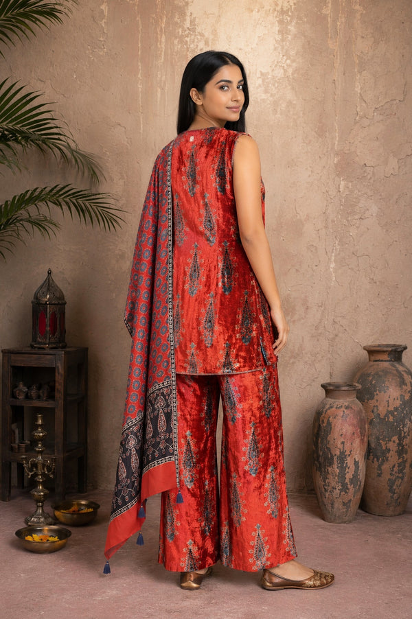 Red Ethnic Motifs Printed Modal Satin Sleeveless Straight Kurta with Bell Bottom Pants and Dupatta Set