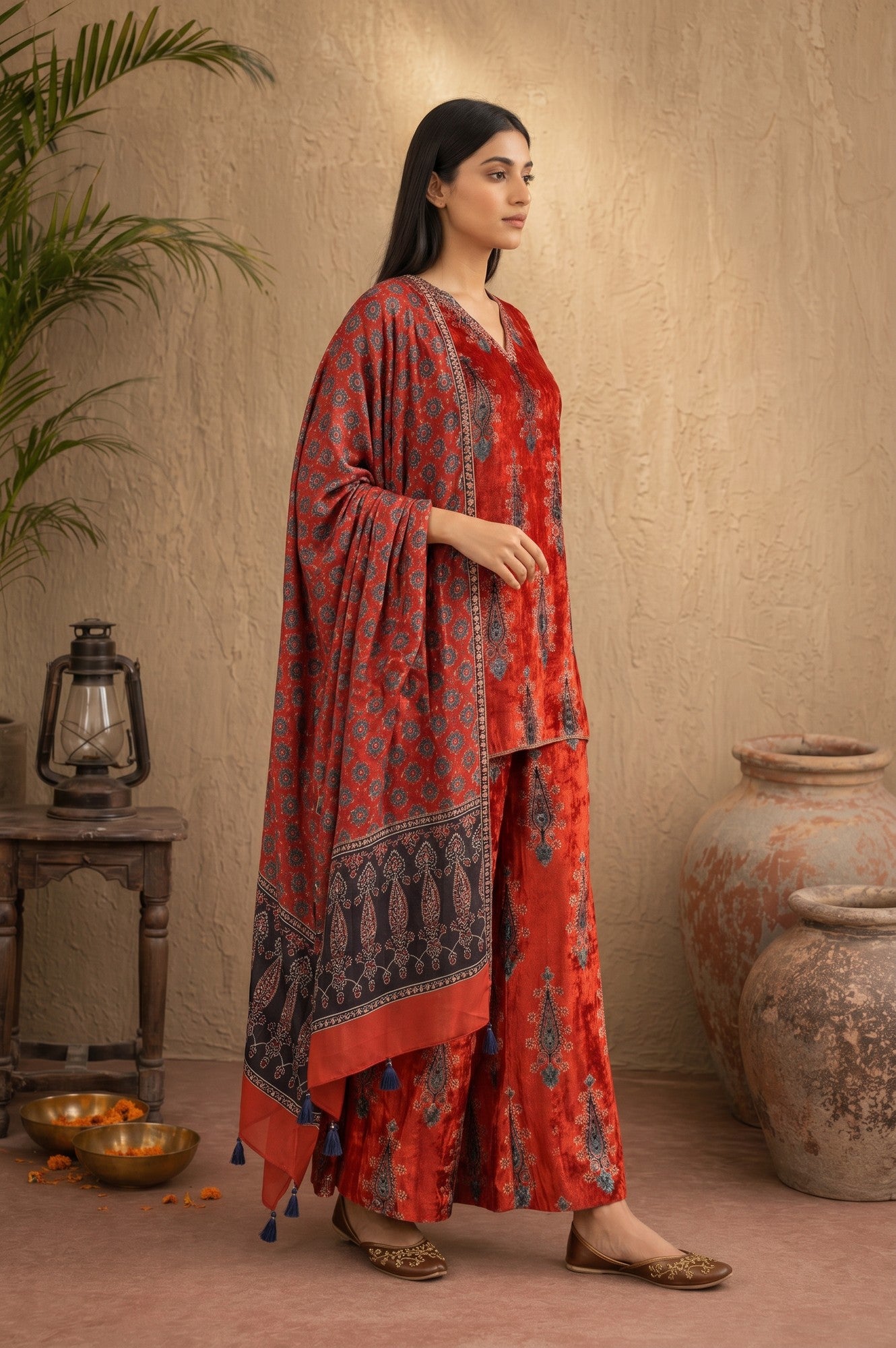 Red Ethnic Motifs Printed Modal Satin Sleeveless Straight Kurta with Bell Bottom Pants and Dupatta Set