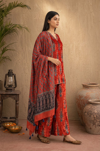 Red Ethnic Motifs Printed Modal Satin Sleeveless Straight Kurta with Bell Bottom Pants and Dupatta Set