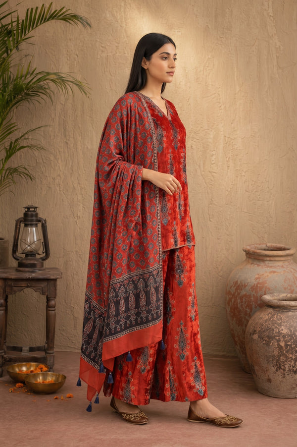 Red Ethnic Motifs Printed Modal Satin Sleeveless Straight Kurta with Bell Bottom Pants and Dupatta Set