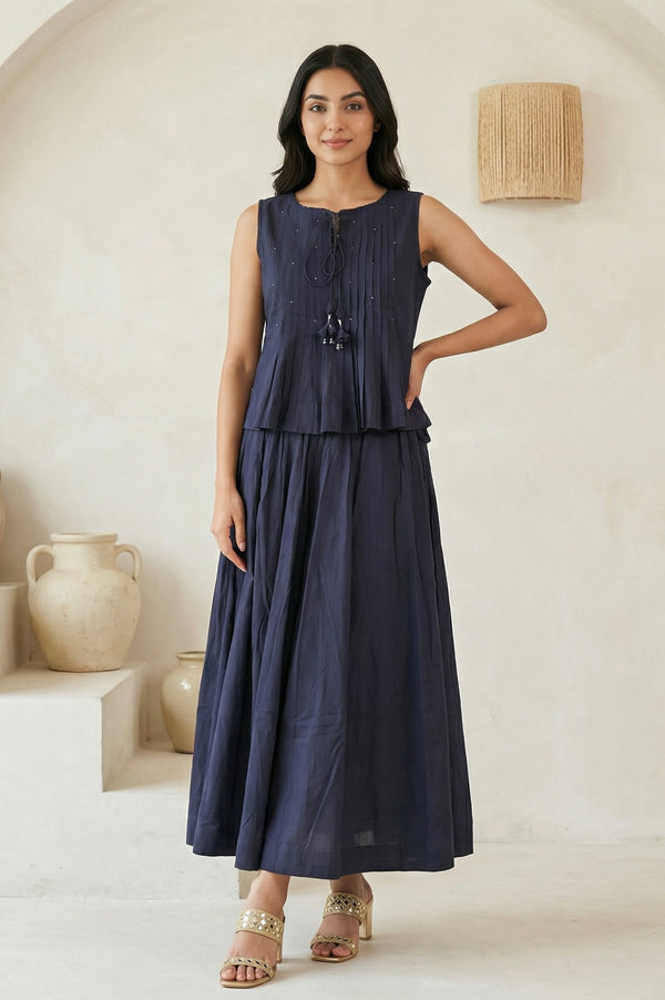 Navy Blue Solid Tassel Pure Cotton Pleated Top with Skirt Set