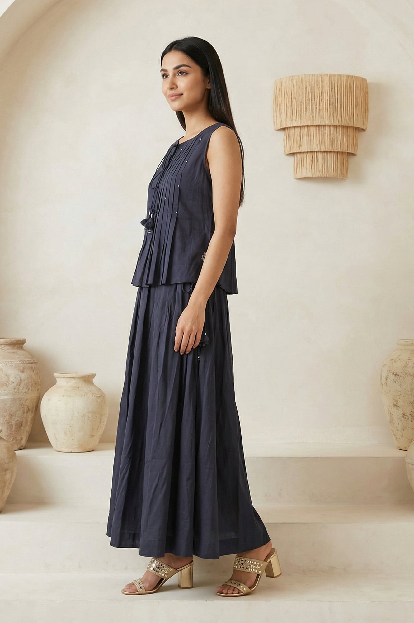 Navy Blue Solid Tassel Pure Cotton Pleated Top with Skirt Set