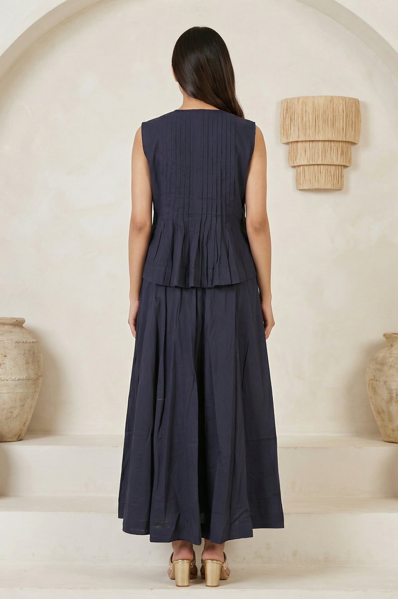 Navy Blue Solid Tassel Pure Cotton Pleated Top with Skirt Set