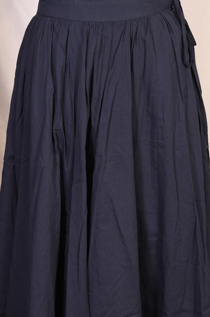 Navy Blue Solid Tassel Pure Cotton Pleated Top with Skirt Set