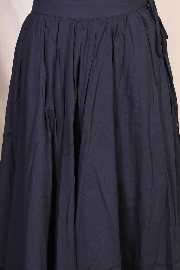 Navy Blue Solid Tassel Pure Cotton Pleated Top with Skirt Set