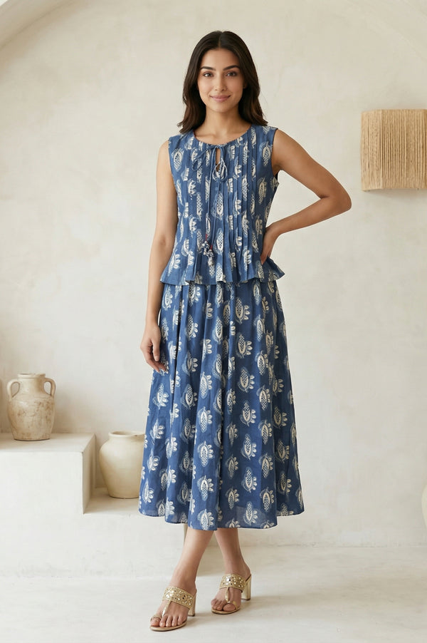 Blue Floral Printed Tassel Pure Cotton Top with Flared Skirt Set