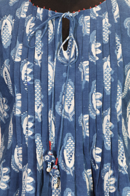 Blue Floral Printed Tassel Pure Cotton Top with Flared Skirt Set