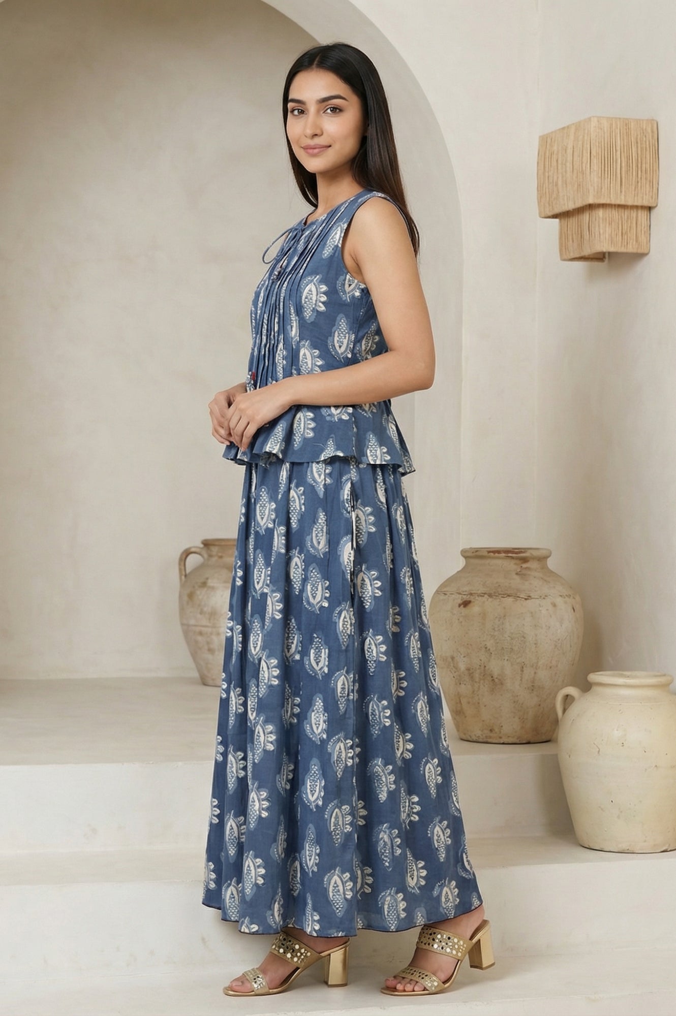 Blue Floral Printed Tassel Pure Cotton Top with Flared Skirt Set