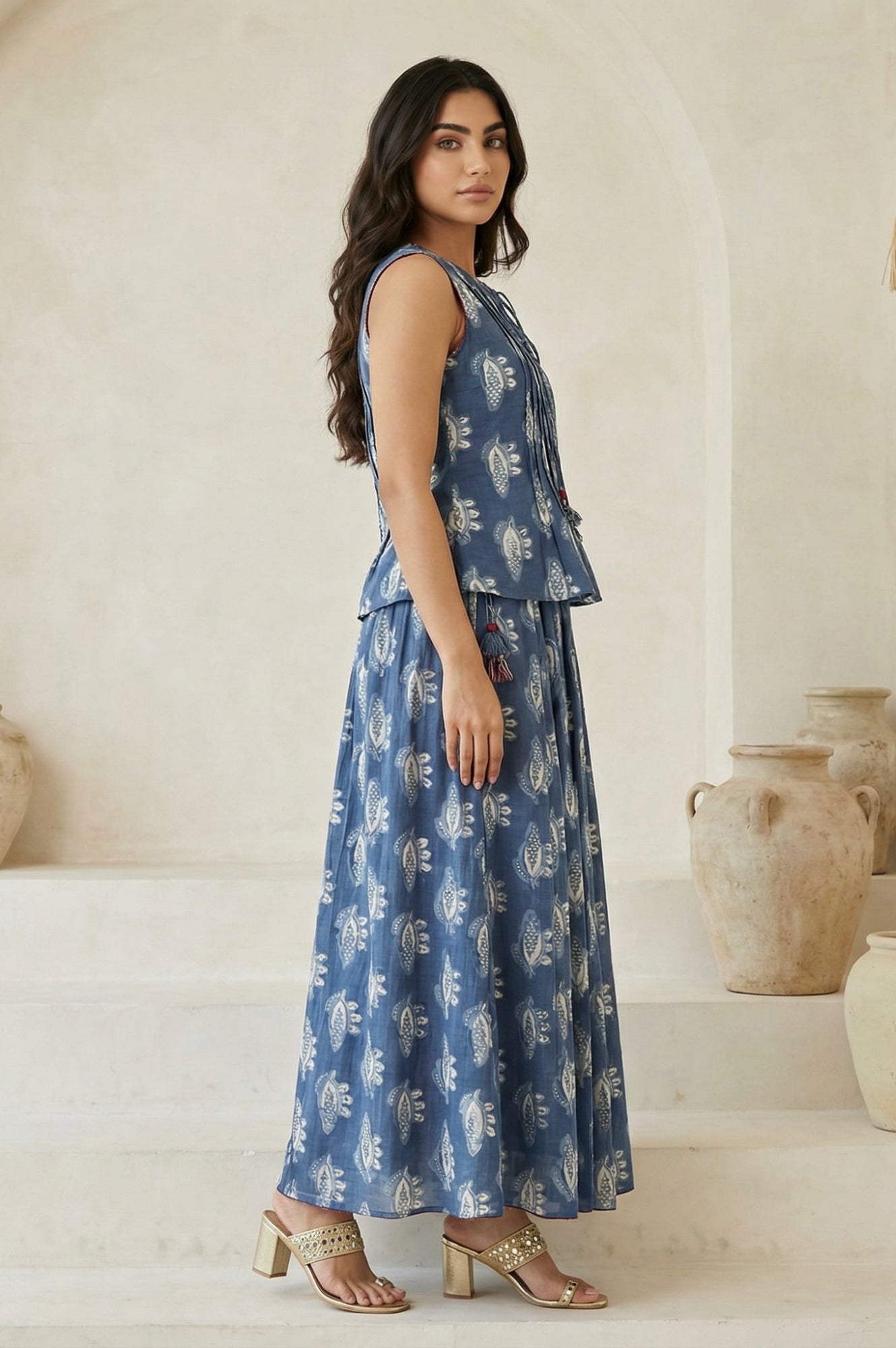 Blue Floral Printed Tassel Pure Cotton Top with Flared Skirt Set