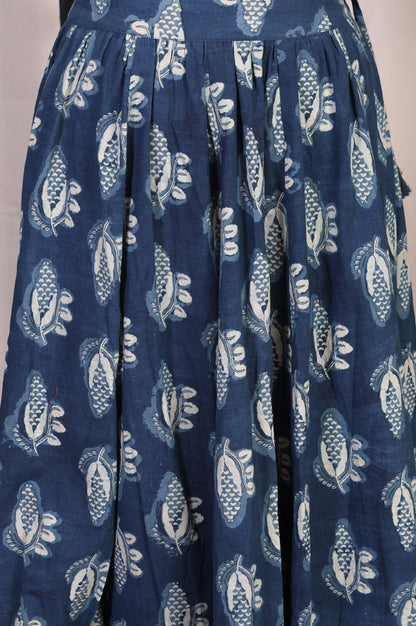 Blue Floral Printed Tassel Pure Cotton Top with Flared Skirt Set