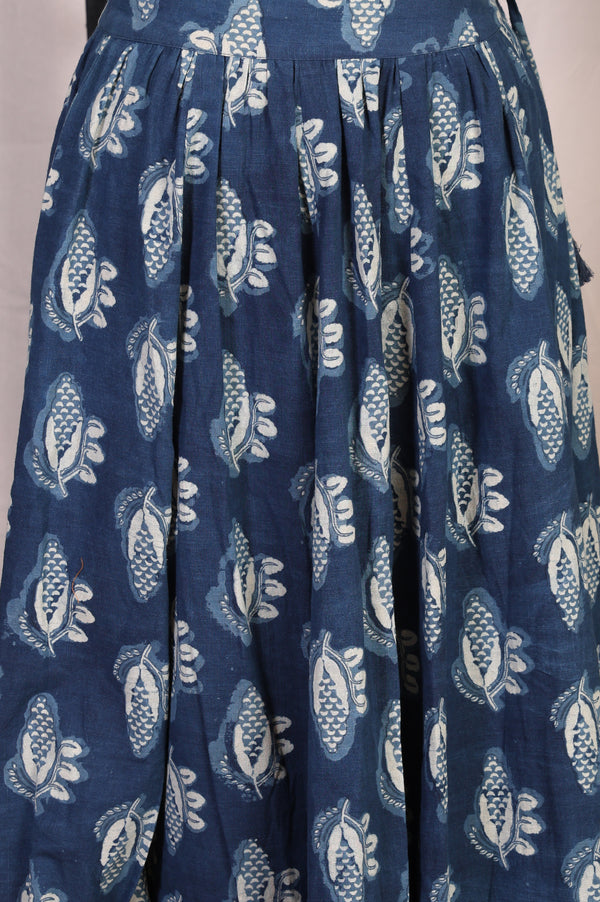 Blue Floral Printed Tassel Pure Cotton Top with Flared Skirt Set