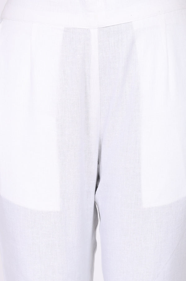 Elleven Women's White Solid Cotton Flax Straight Fit Ankle Length Trousers