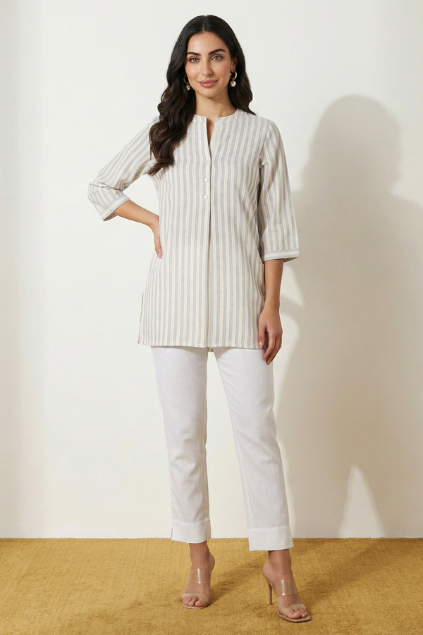 Elleven Women's White Solid Cotton Flax Straight Fit Ankle Length Trousers