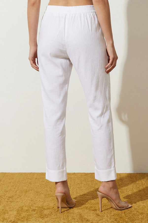Elleven Women's White Solid Cotton Flax Straight Fit Ankle Length Trousers