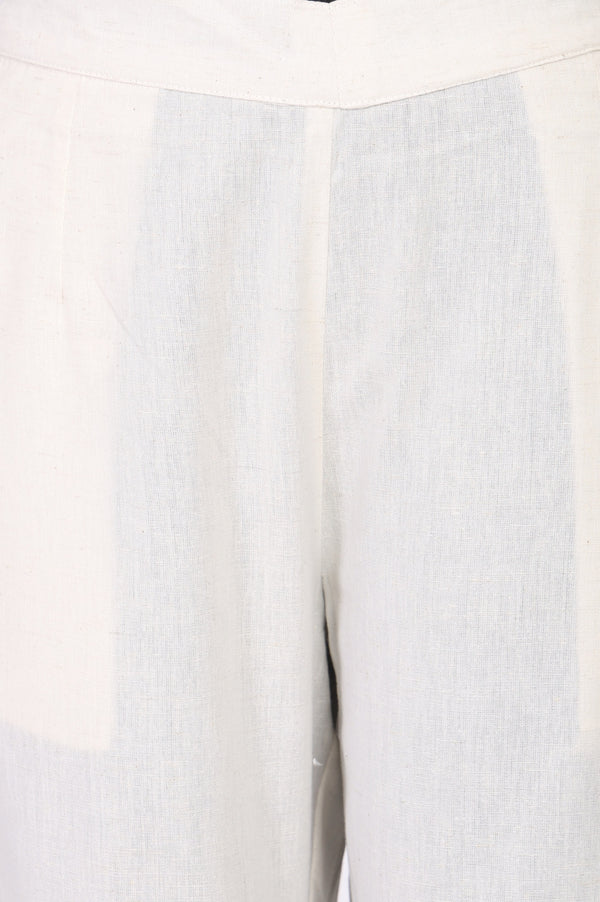Elleven Women's Off White Solid Cotton Flax Straight Fit Ankle Length Trousers