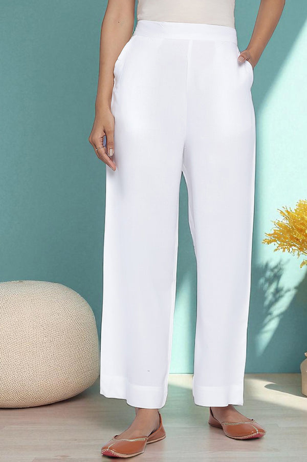 White Solid Rayon Palazzos in Ankle Length