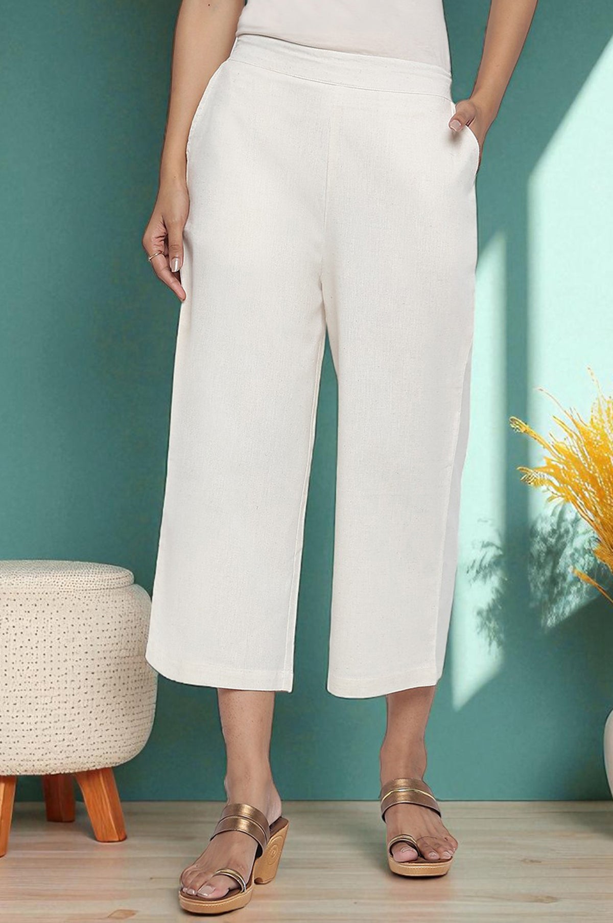 Elleven Women's Off White Solid Cotton Flax Culottes in Calf Length - S