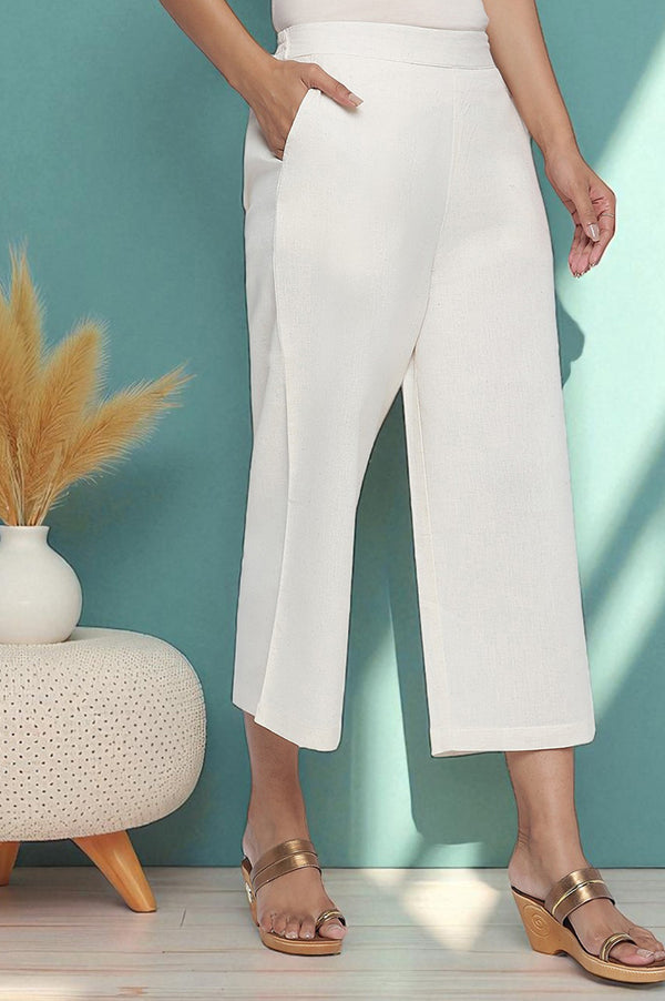 Off White Solid Cotton Flax Culottes in Calf Length