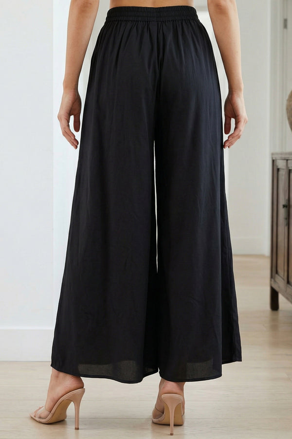 Elleven Women's Black Solid Crepe Wide Leg Flared Ankle Length Palazzo