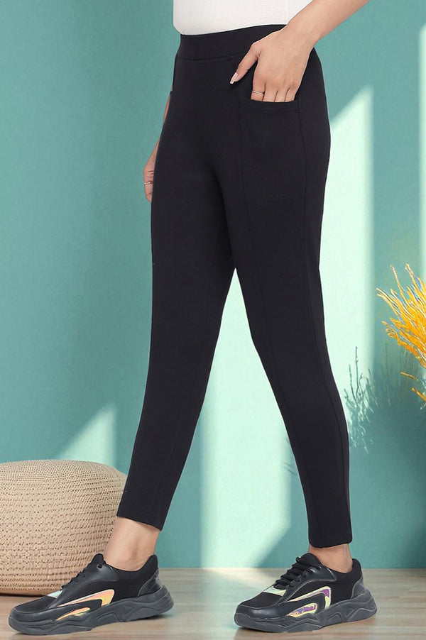 Black Solid Mid Rise Tights in Calf Length
