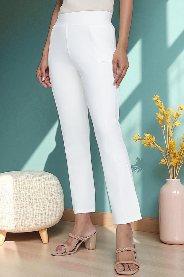 Elleven Women's Off White Solid Mid Rise Tights in Ankle Length
