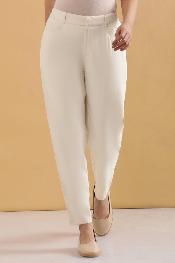 Elleven Women's Cream Solid Tapered Rayon Trouser