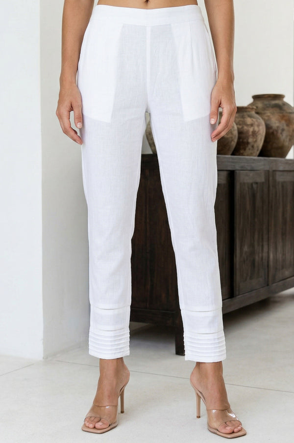 Elleven Women's White Solid Lace Pintucks Cotton Blend Tapered Fit Ankle Length Trousers