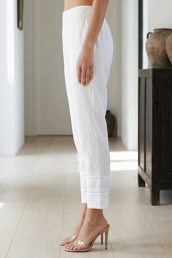 Elleven Women's White Solid Lace Pintucks Cotton Blend Tapered Fit Ankle Length Trousers