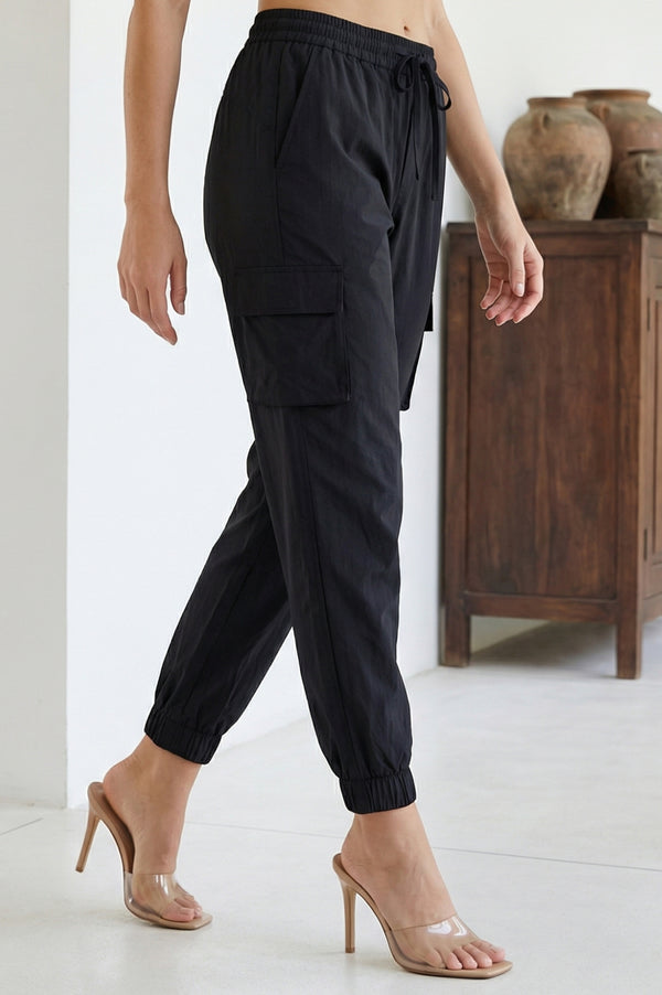 Elleven Women's Black Solid Pure Cotton Ankle Length Cargo