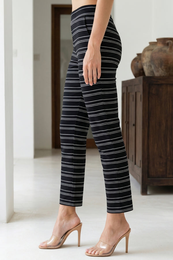 Elleven Women's Black Yarn Dyed Striped Cotton Blend Straight Fit Ankle Length Trousers