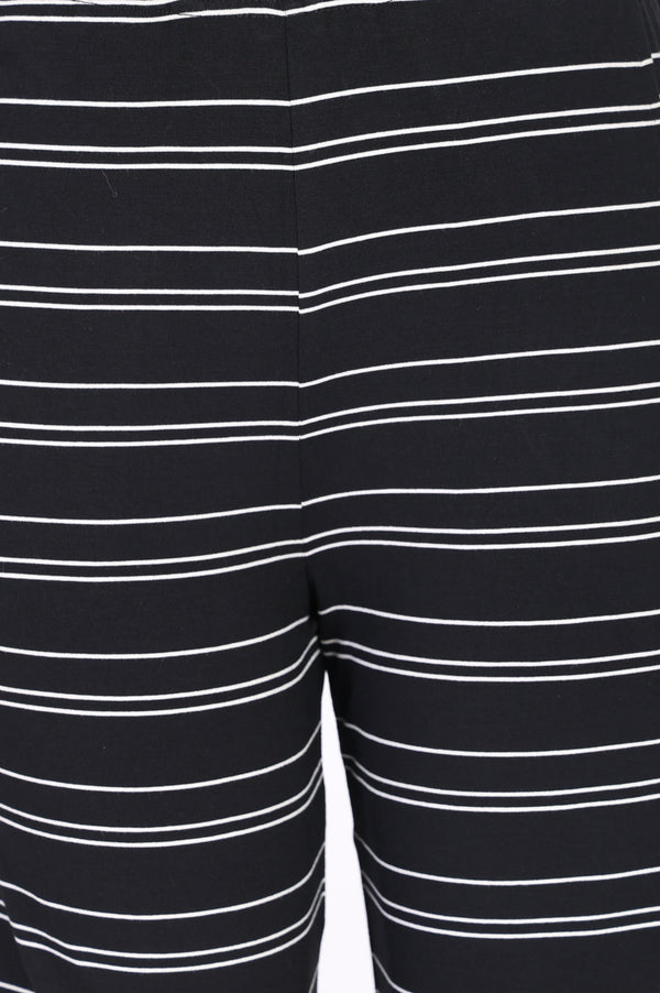 Elleven Women's Black Yarn Dyed Striped Cotton Blend Straight Fit Ankle Length Trousers