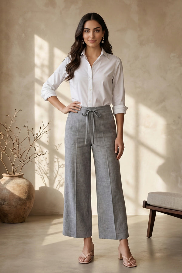 Elleven Women's Grey Yarn Dyed Denim Palazzo