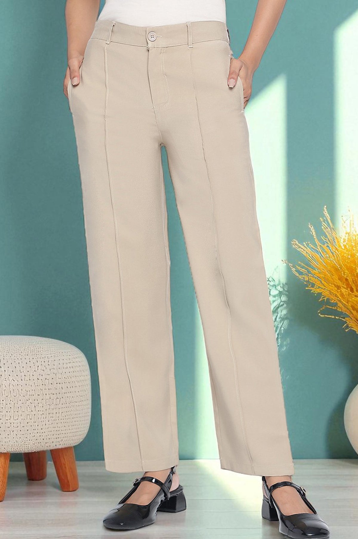 Elleven Women's Beige Solid Korea Rayon Twill Pants In Ankle Length with YKK Zipper - XS