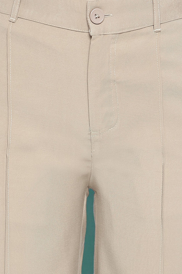 Elleven Women's Beige Solid Korea Rayon Twill Pants In Ankle Length with YKK Zipper