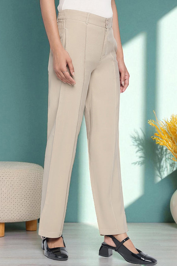 Elleven Women's Beige Solid Korea Rayon Twill Pants In Ankle Length with YKK Zipper