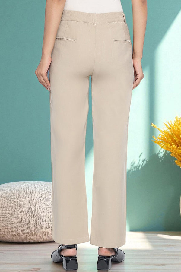 Elleven Women's Beige Solid Korea Rayon Twill Pants In Ankle Length with YKK Zipper