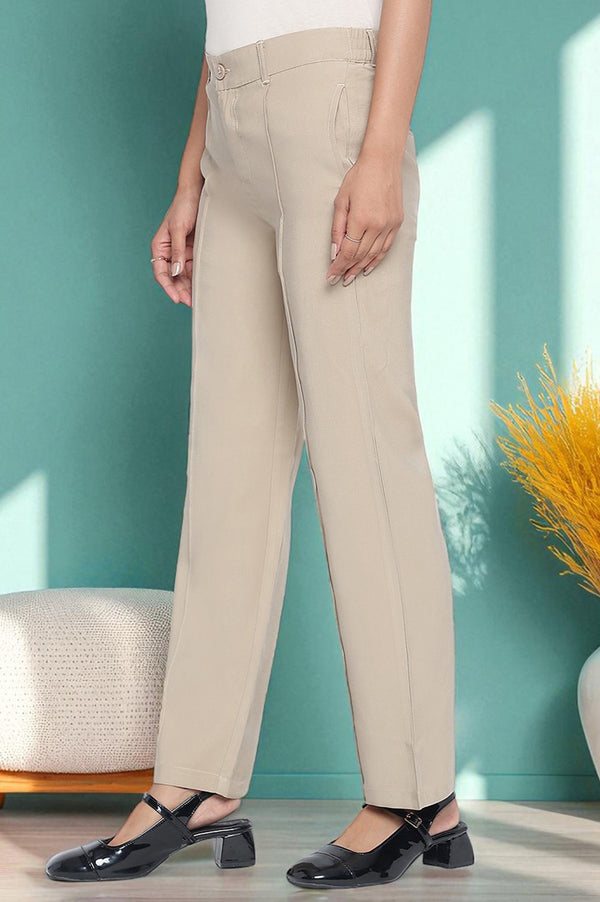 Elleven Women's Beige Solid Korea Rayon Twill Pants In Ankle Length with YKK Zipper